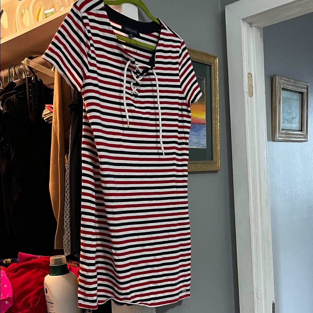 Tommy Hilfiger Red, Black & White Striped Lace-Up Top